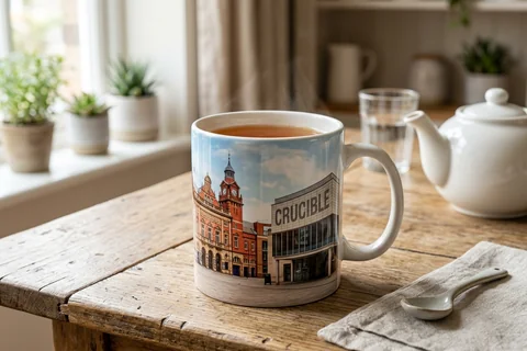 photo mug sheffield – a ceramic mug with a wrap-around print of the Crucible and Lyceum on a kitchen table