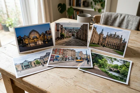 photo prints sheffield – a loose fan of 10×15 cm photo prints of Sheffield street scenes on a pale wooden table