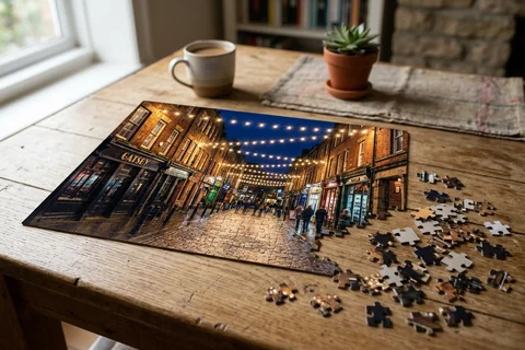 photo puzzle sheffield – a partly completed jigsaw puzzle of Division Street lights on a wooden table