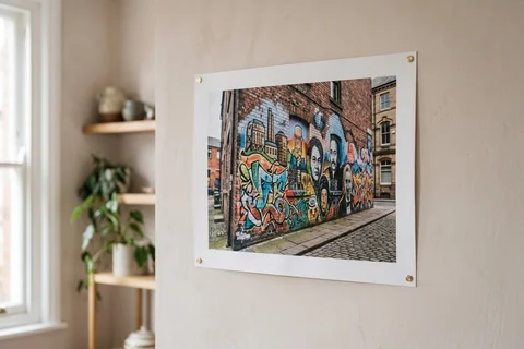 poster print sheffield – an unframed poster print of a Kelham Island street-art wall pinned to a pale wall