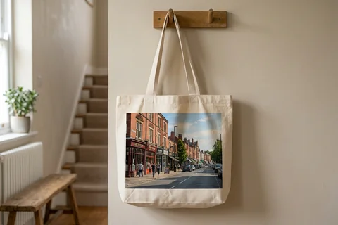 photo tote bag sheffield – a cloth tote bag printed with a photograph of Ecclesall Road hanging on a hallway hook