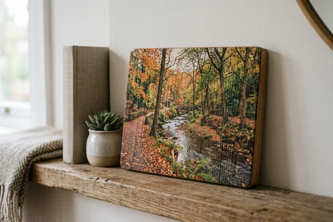 photo print on wood sheffield – a wood print of Rivelin Valley in autumn with the grain visible through the image, leaning on a shelf