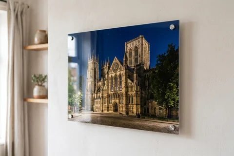 acrylic photo print york – a glossy acrylic print of the Minster at night mounted off a pale wall
