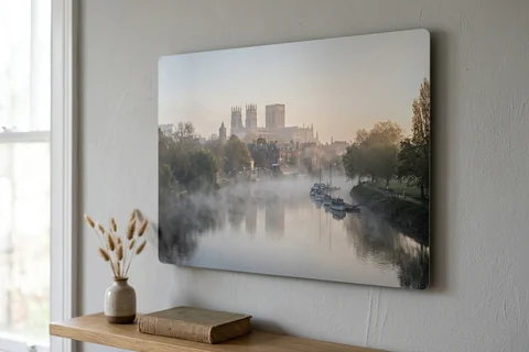 aluminium photo print york – a matte aluminium panel print of the Ouse in morning mist mounted flush on a grey wall