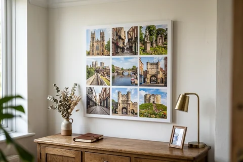 canvas collage print york – a collage canvas of nine small York scenes in a nine-photo grid hung above a sideboard