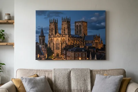 canvas print york – a gallery-wrapped canvas print of York Minster at dusk hung above a sofa