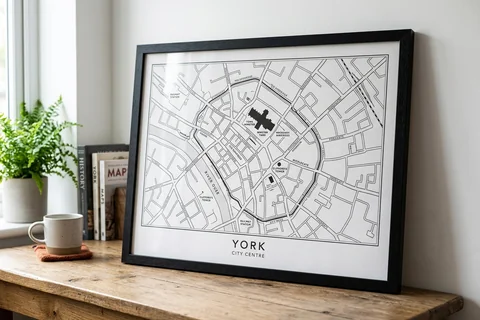 york city map poster – a framed minimalist black-and-white street map poster of the city centre on a desk