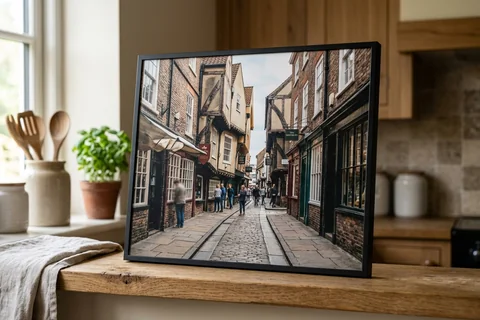framed photo board york – a slim-framed photo board of the Shambles Market standing on a kitchen shelf