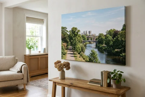 large canvas print york – a very large canvas of Rowntree Park looking towards the river dominating a living room wall