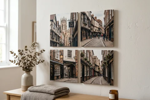 mixpix photo tiles york – four 20×20 cm photo tiles of Stonegate shopfronts arranged in a cluster on a white wall with no visible fixings