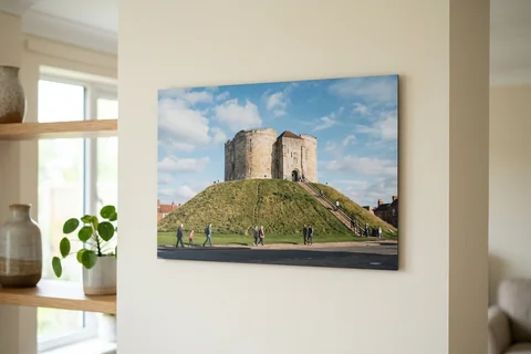 photo board print york – a frameless matte photo board of Clifford's Tower hanging flush on a pale wall