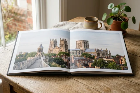 photo book york – an open layflat photo book showing a panorama of the Minster from the walls across the double-page spread