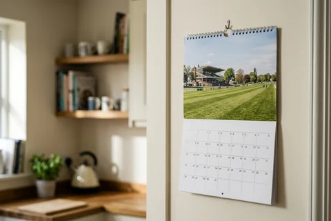 photo calendar york – a spiral-bound wall calendar open on a month showing the Knavesmire, hanging in a kitchen