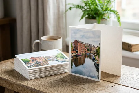 photo cards york – a stack of folded greetings cards with a photograph of the Foss Basin on the front, one propped open