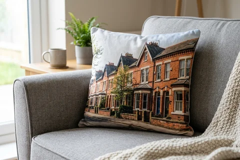 photo cushion york – a plush square cushion printed borderless with a Bishopthorpe Road terrace on a grey sofa