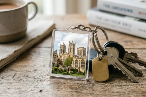 photo keyring york – a rectangular photo keyring showing York Minster's towers beside a set of keys
