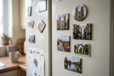 mixmags photo magnets york – several photo magnets of York landmarks in different shapes on a fridge door