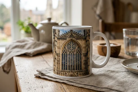photo mug york – a ceramic mug with a wrap-around print of the Minster's Great East Window on a kitchen table