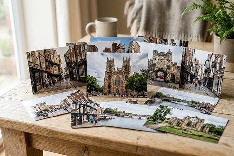 photo prints york – a loose fan of 10×15 cm photo prints of York street scenes on a pale wooden table