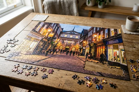 photo puzzle york – a partly completed jigsaw puzzle of Coney Street lights on a wooden table