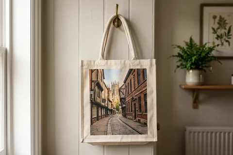 photo tote bag york – a cloth tote bag printed with a photograph of Fossgate hanging on a hallway hook
