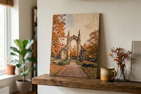photo print on wood york – a wood print of the Museum Gardens in autumn with the grain visible through the image, leaning on a shelf
