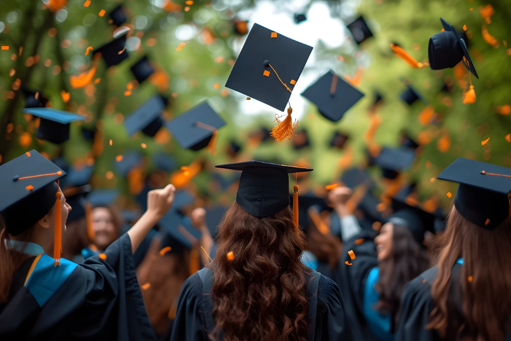 Hand holding a graduation cap with a blurred celebratory background, symbolizing heartfelt congratulations and future aspirations.