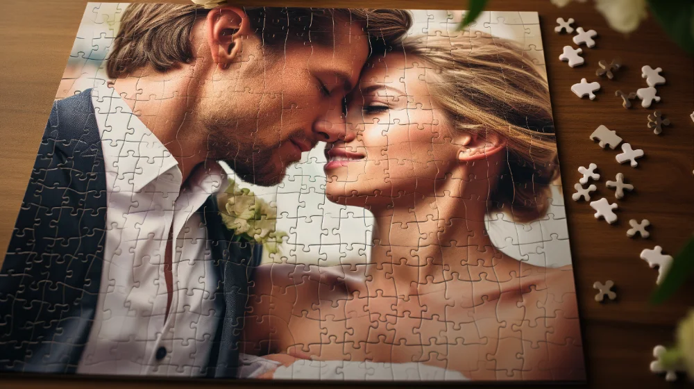 Couple souriant assemblant un puzzle photo personnalisé, une idée de cadeau Saint-Valentin pas cher