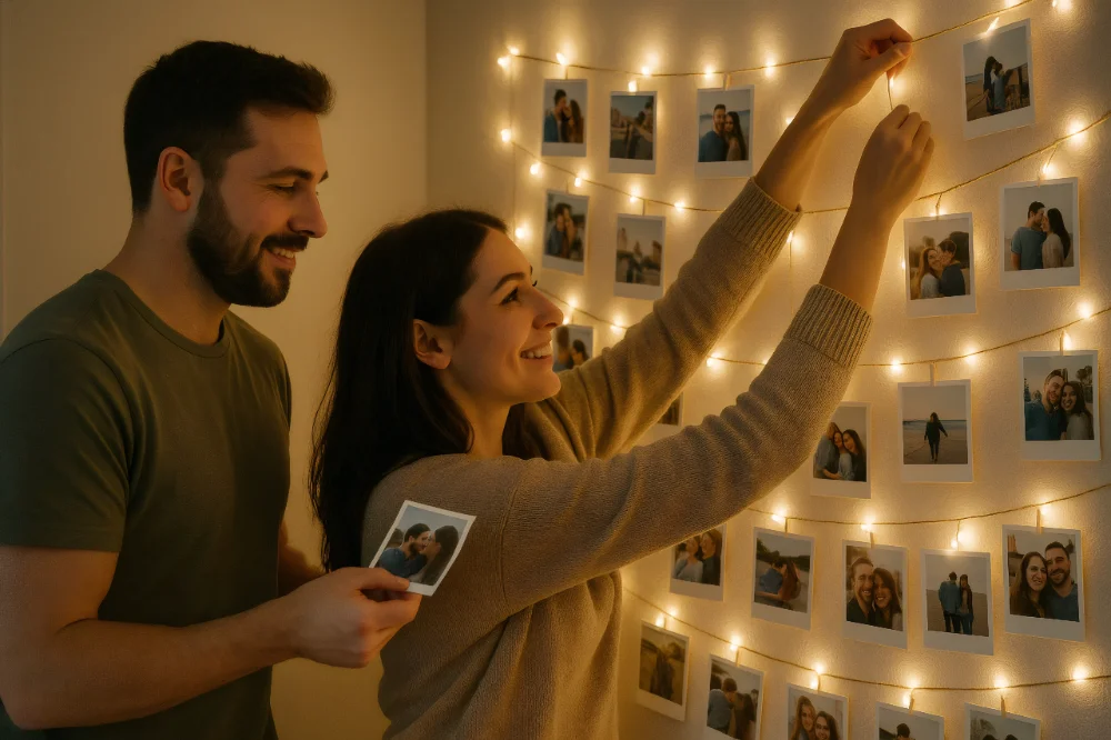 Couple looking at a photo collage wall, celebrating shared memories for Valentine's Day.