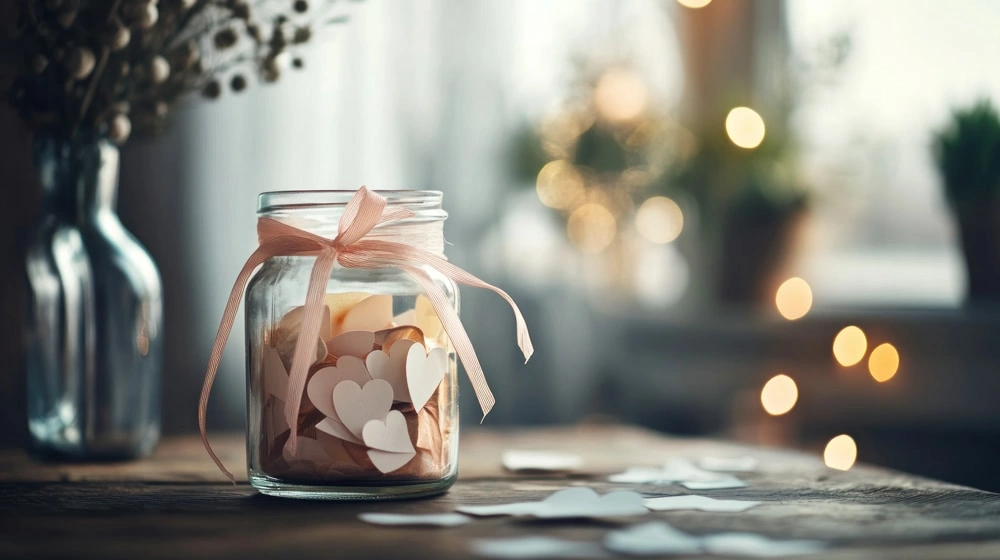 Couple happily reading from a jar of date night ideas, planning a 'Year of Dates' for Valentine's Day.