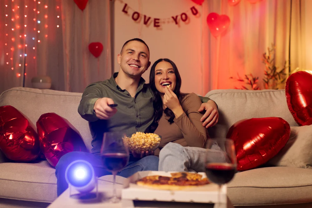 Couple enjoying coffee together in a cozy corner of their home, highlighting a cocooning space created for Valentine's Day.