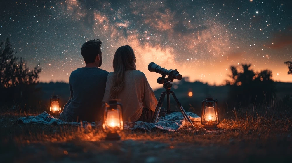Couple looking at a map, planning a surprise trip together as a shared Valentine's Day gift.