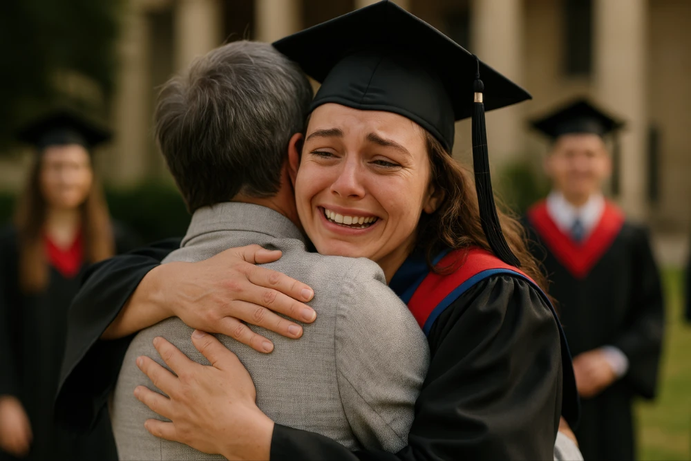 Parents fiers félicitant leur enfant diplômé, illustrant des messages de réussite