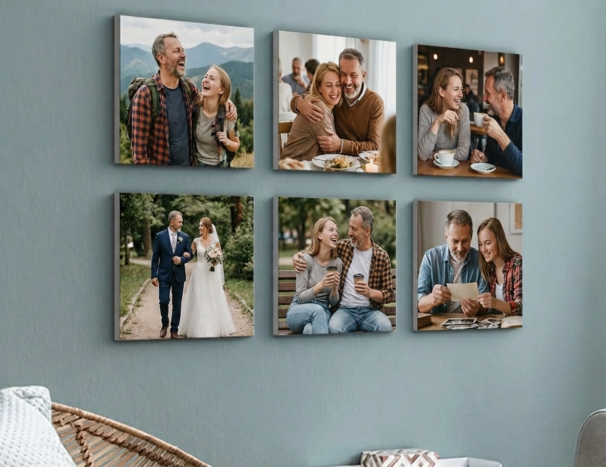 Tuiles photo MIXPIX avec des photos de famille et une citation, idée cadeau personnalisé pour papa