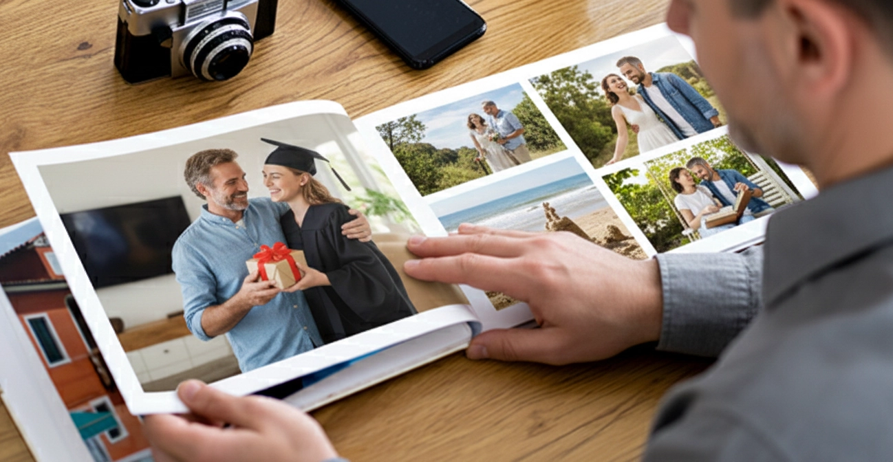 Livre photo personnalisé ouvert, montrant des photos de famille avec des citations papa touchantes