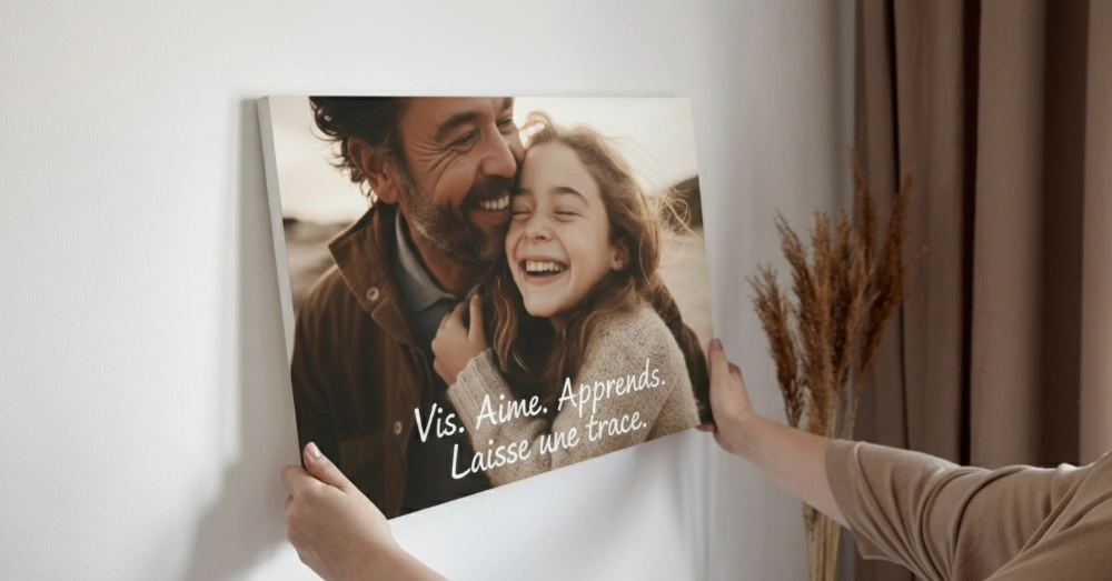 Exemple de tirage photo sur toile MONOEUVRE avec une citation inspirante sur la vie, montrant la qualité et la personnalisation de la décoration murale.