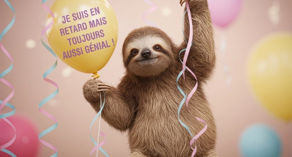 Messages joyeux anniversaire en retard manuscrits sur une carte avec fleurs