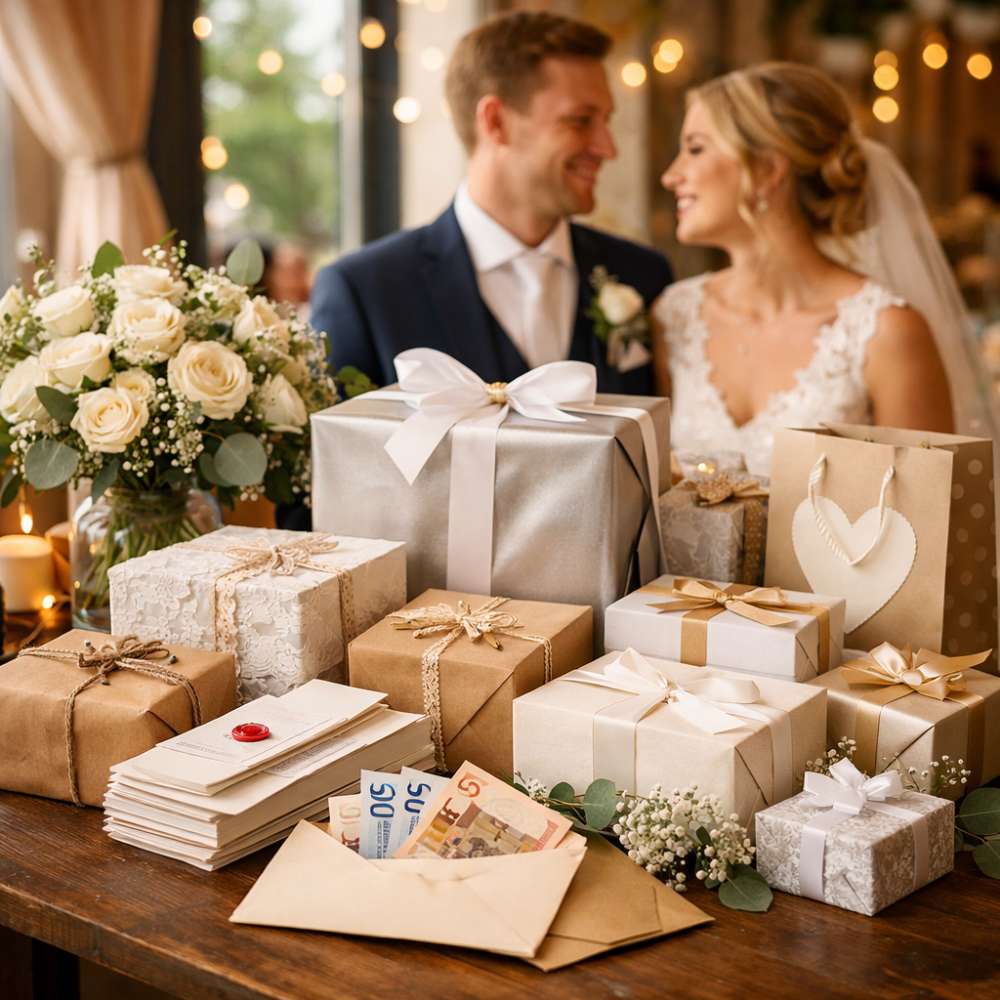 Couple de mariés célébrant avec des cadeaux