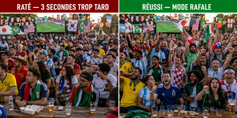 Supporter capturant l'émotion de la foule plutôt que l'écran de télévision