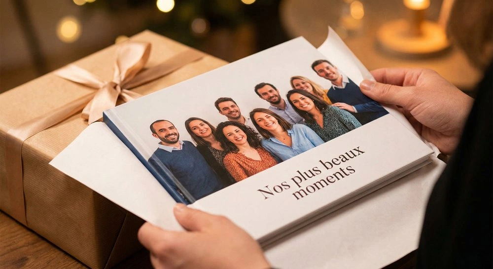 Livre photo personnalisé offert comme cadeau de départ à un collègue avec couverture montrant des souvenirs de groupe