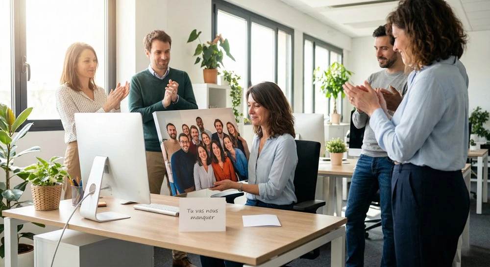 Collègue émue recevant une toile photo personnalisée comme cadeau de départ au bureau