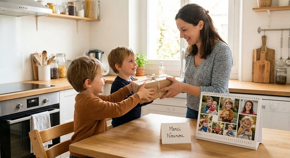 Enfants offrant un cadeau photo personnalisé à leur nounou dans une cuisine française chaleureuse