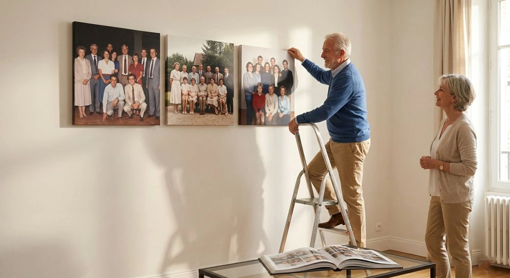 Retraité français accrochant une toile triptyque avec des photos de carrière dans son salon élégant