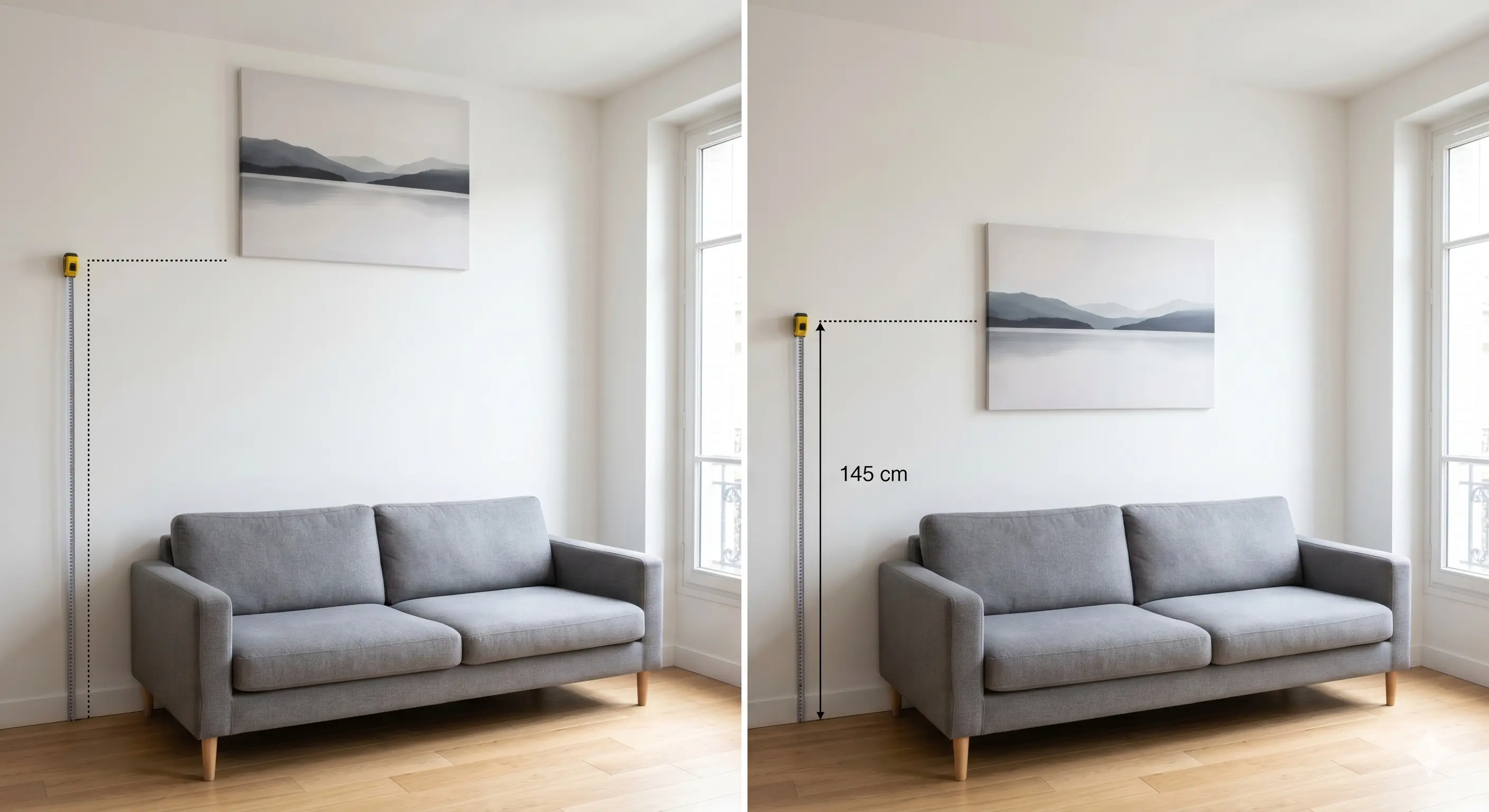 Comparaison visuelle entre un tableau accroché trop haut et un tableau à la bonne hauteur de 145 cm