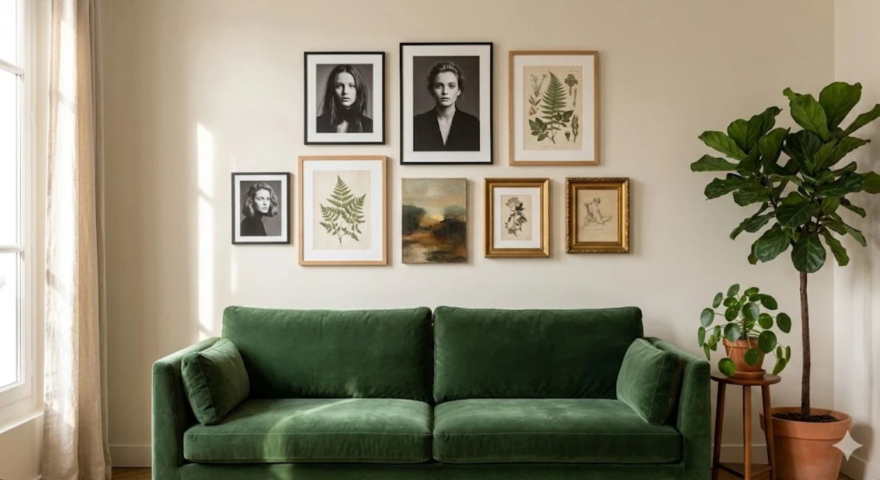 Mur de cadres avec plusieurs tableaux accrochés au-dessus d'un canapé vert