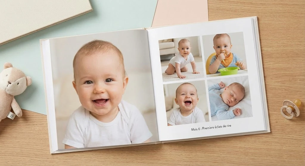 Album photo bébé première année ouvert sur une table avec des photos mois par mois