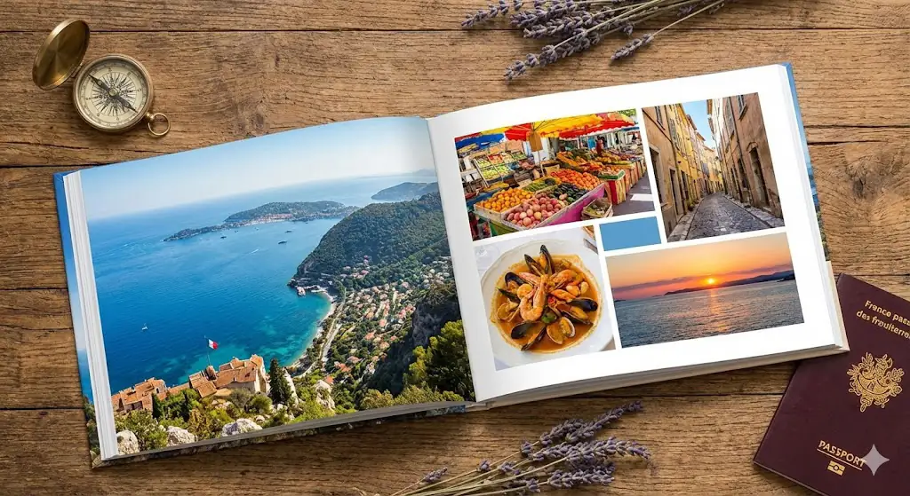 Livre photo voyage ouvert montrant des photos de la Côte d'Azur avec boussole et lavande