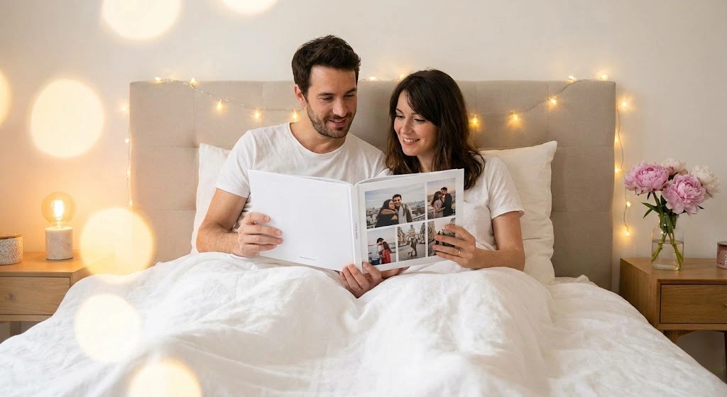 Couple français regardant leur album photo personnalisé de couple dans un appartement parisien
