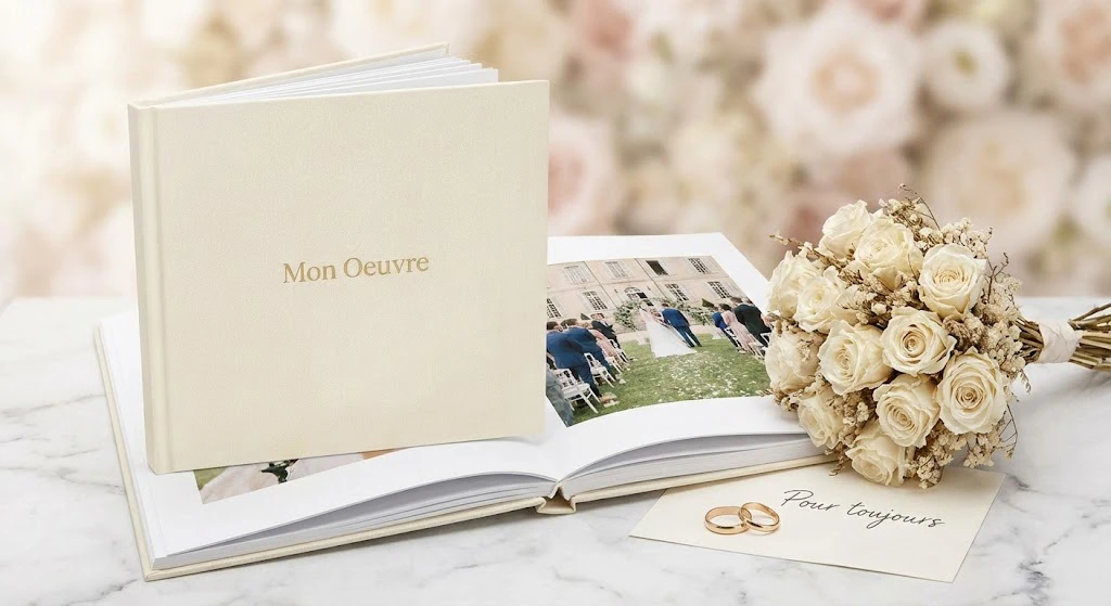 Livre photo mariage élégant Mon Oeuvre ouvert sur une table en marbre avec alliances et bouquet