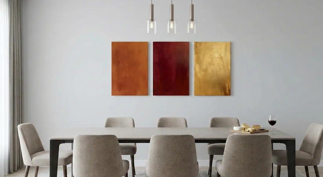Grand portrait de famille personnalisé sur toile, accroché comme tableau salle à manger dans un intérieur français moderne